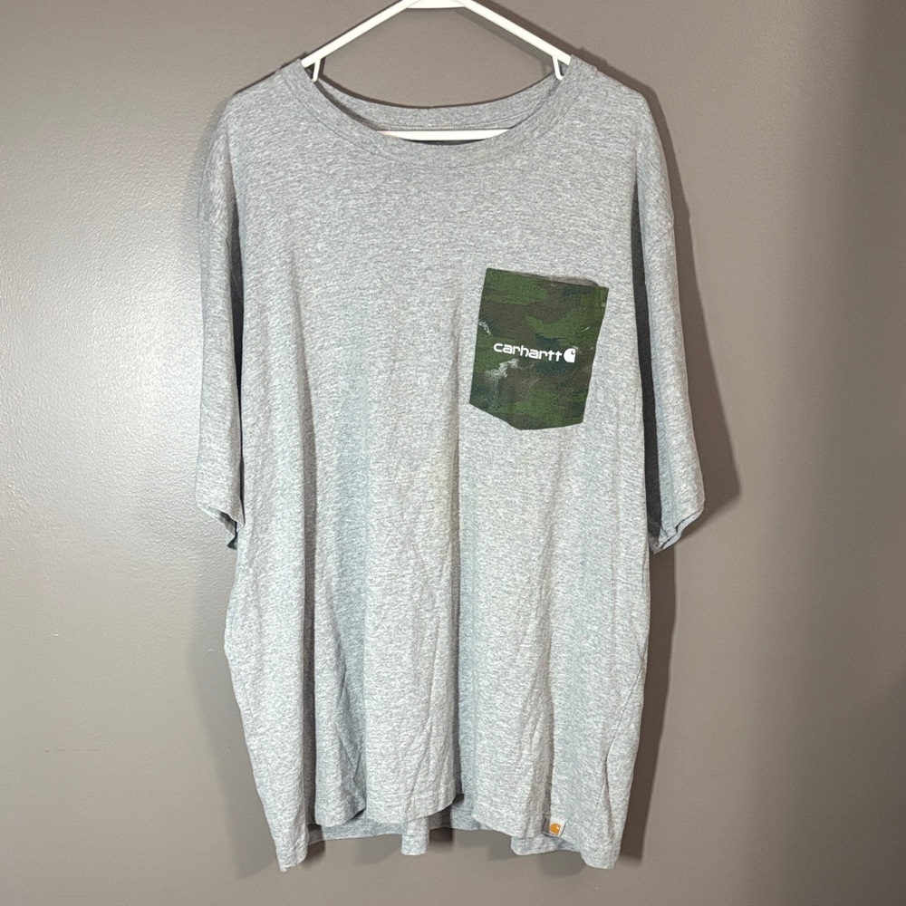 Carhartt Men's Heather Gray Tee with Green Camo Pocket